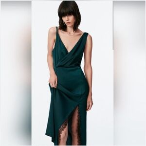 NWT ZARA Emerald green satin dress with asymmetrical straps and lace slip.